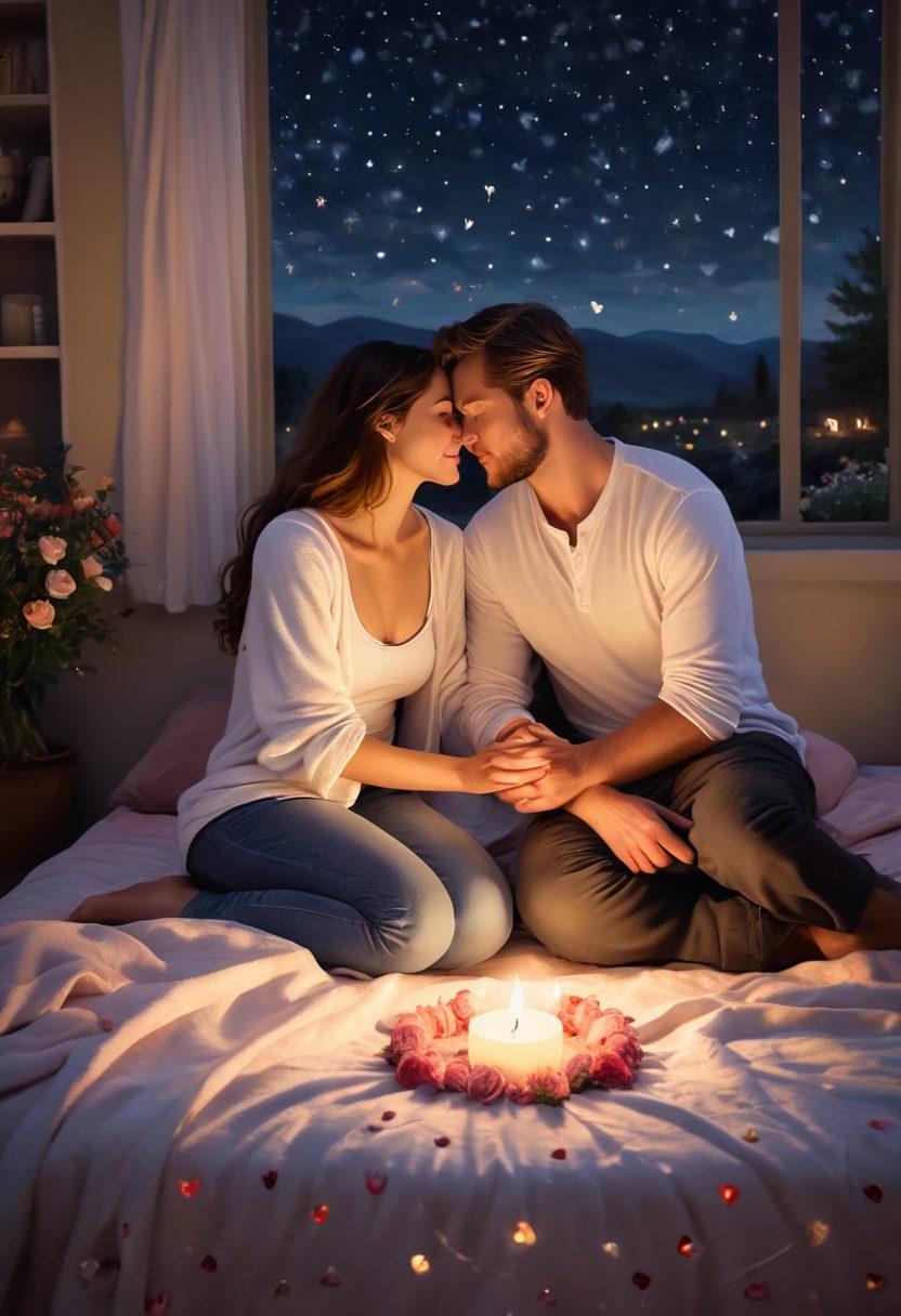 A warm, intimate scene of a couple sharing a quiet moment under a starlit sky, surrounded by soft candlelight with hearts subtly illuminated in the background. Emphasize their emotional connection through gentle gestures, like hand-holding and gazing into each other’s eyes. Include delicate floral arrangements and a cozy blanket to enhance the romantic ambiance. painting. soft pastel colors. dreamy atmosphere.