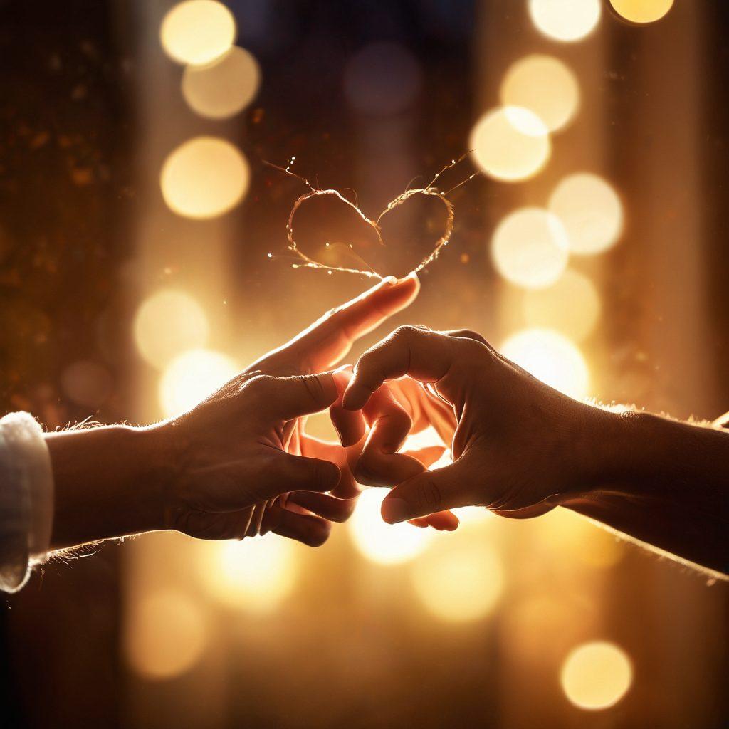 A serene and romantic scene depicting two hands gently intertwined, surrounded by ethereal wisps of soft, glowing light symbolizing intimacy and affection. In the background, a blurred silhouette of a couple sharing a tender moment, with hearts subtly incorporated into the warm-toned atmosphere. Soft bokeh effects add to the dreamy quality, enhancing the theme of devotion. super-realistic. vibrant colors. soft focus.