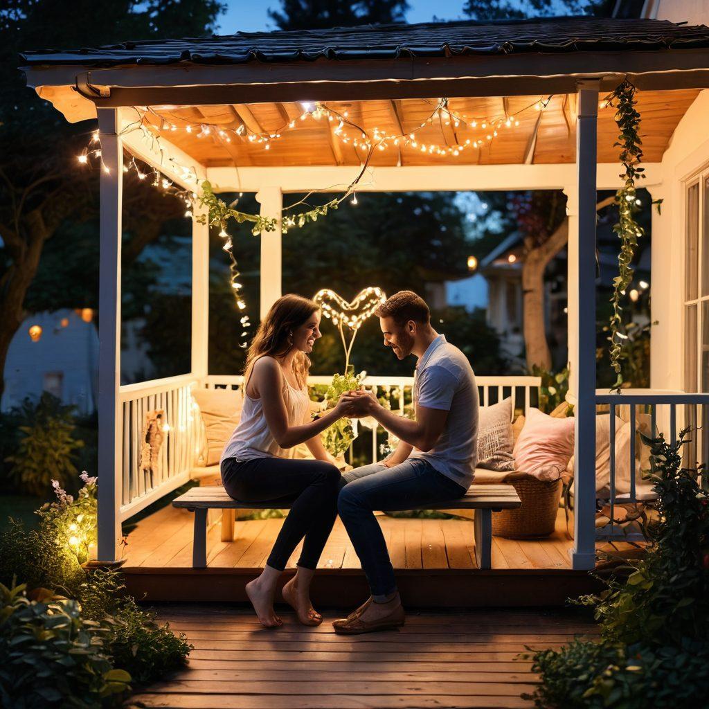 A warm and inviting scene of a couple sharing an intimate moment on a porch at sunset. The background features soft, glowing fairy lights and a lush garden, symbolizing love and passion. The couple is laughing and embracing, surrounded by heart-shaped decorations subtly integrated into the foliage. Use soft, romantic colors to evoke feelings of affection and connection. super-realistic. warm hues. dreamy atmosphere.